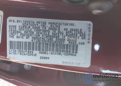 2003 Toyota Camry Le from USA, damaged, VIN 4T1BE32K93U169257